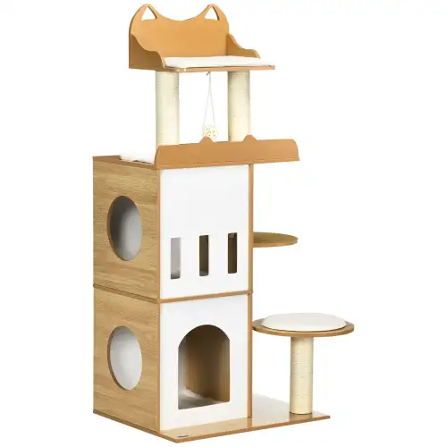 Ansamblu pentru pisici PawHut MDF cu stalpi de zgariat, 2 casute, platforme si minge, 60x48x133 cm, alb si stejar | Aosom RO