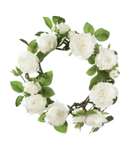 Coronita decorativa trandafiri Roses, artificial, verde alb, 35 cm