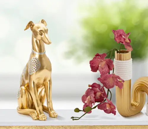 Decoratiune Sit Dog, Rasina, Auriu, 29x19.8x10 cm