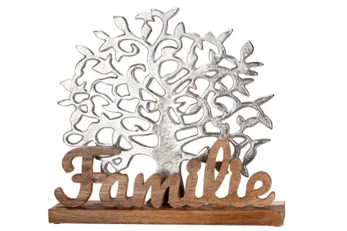 Decoratiune Tree of Life Family, aluminiu lemn, argintiu maro, 47x51x10 cm