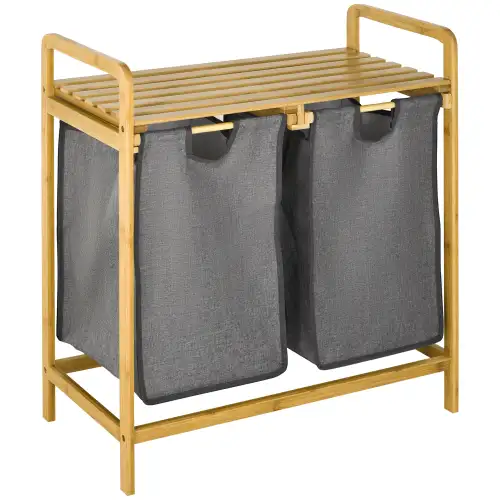 HOMCOM Cos de rufe din bambus , Cos de rufe cu raft, 2 saci pentru dormitor, baie, spalatorie, 64 x 33 x 73 cm, gri | AOSOM RO