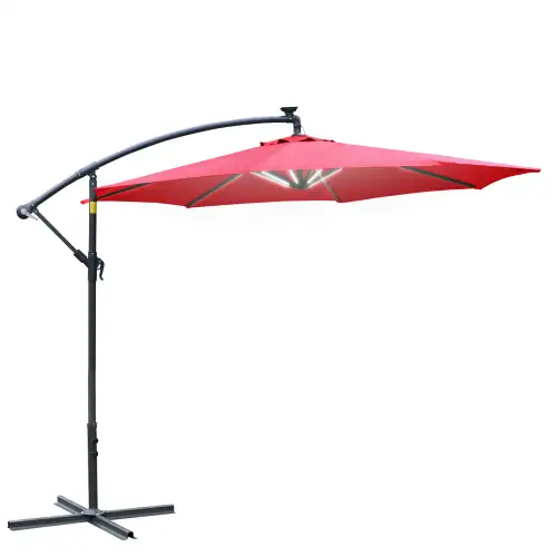 Outsunny Umbrela pentru gradina cu brat cu manivela si 8 benzi LED cu energie solara Φ295x245cm, rosu inchis