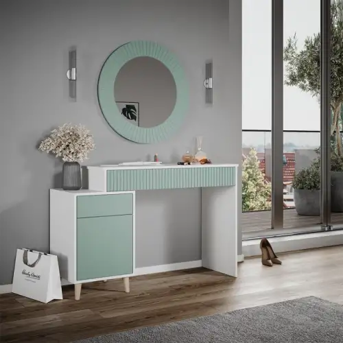 SEV201 - Set Masa alba toaleta 120 cm cosmetica machiaj, oglinda, masuta vanity, Alb-Verde