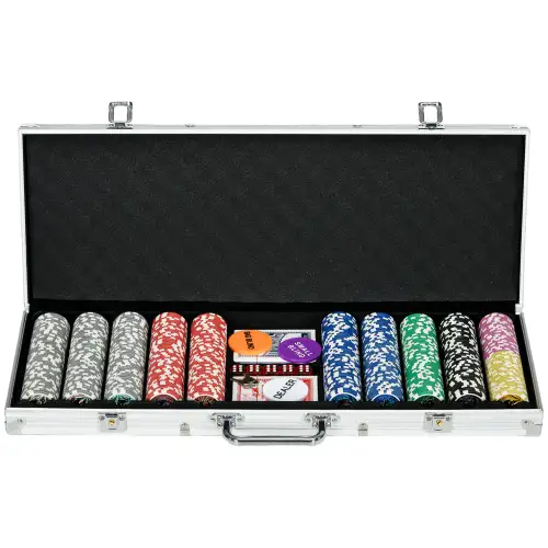 SPORTNOW 500 De Bucati Set De Jetoane De Poker, Carcasa Din Aluminiu, Jetoane De Poker Numerotate, 2 Pachete De Carti De Joc, 5 Zaruri