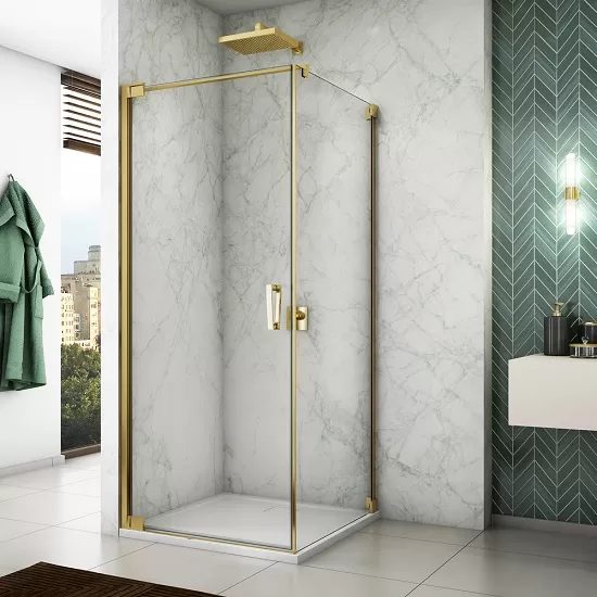 Cabina de dus 100x70 cm cu usa batanta si profil compensator, auriu, instalare usa stanga, Ronal Cadura