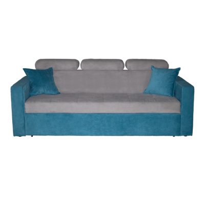 Canapea TESSA extensibila, 3 locuri, tetiere si lada depozitare, turcoaz + gri, 240x90x90 cm