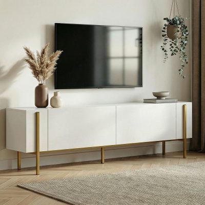 Comoda TV, Hanah Home, Nexus, 180x30x45 cm, Alb/Auriu