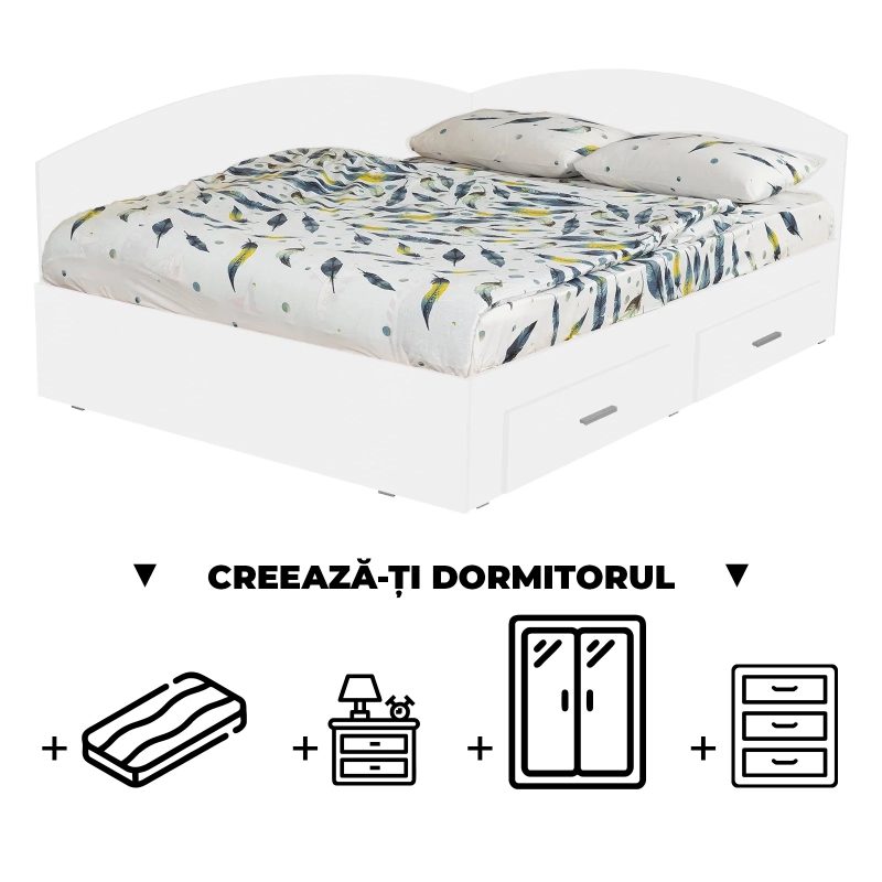Creeaza-ti Dormitorul ALMA, alb, de la Pat Colt 160x200 cm, cu 2 sertare laterale pe role, adauga Saltea, Noptiere, Comoda, Dulap