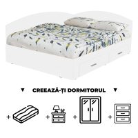 Creeaza-ti Dormitorul ALMA, alb, de la Pat Colt 160x200 cm, cu 2 sertare laterale pe role, adauga Saltea, Noptiere, Comoda, Dulap