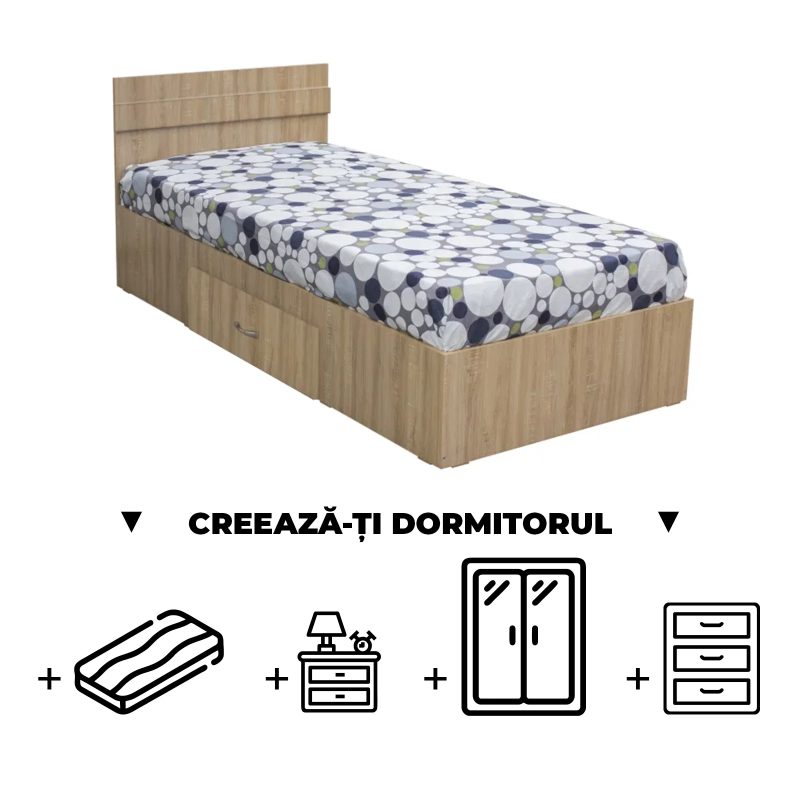 Creeaza-ti Dormitorul ALMA, sonoma deschis, de la Pat cu sertar Alma 120x200 cm, adauga Saltea, Noptiere, Comoda, Dulap