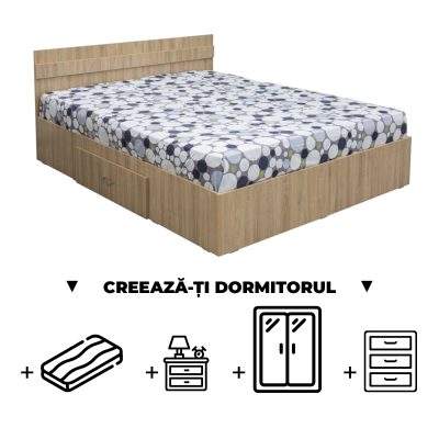 Creeaza-ti Dormitorul ALMA, sonoma deschis, de la Pat cu sertar Alma 160x200 cm, adauga Saltea, Noptiere, Comoda, Dulap