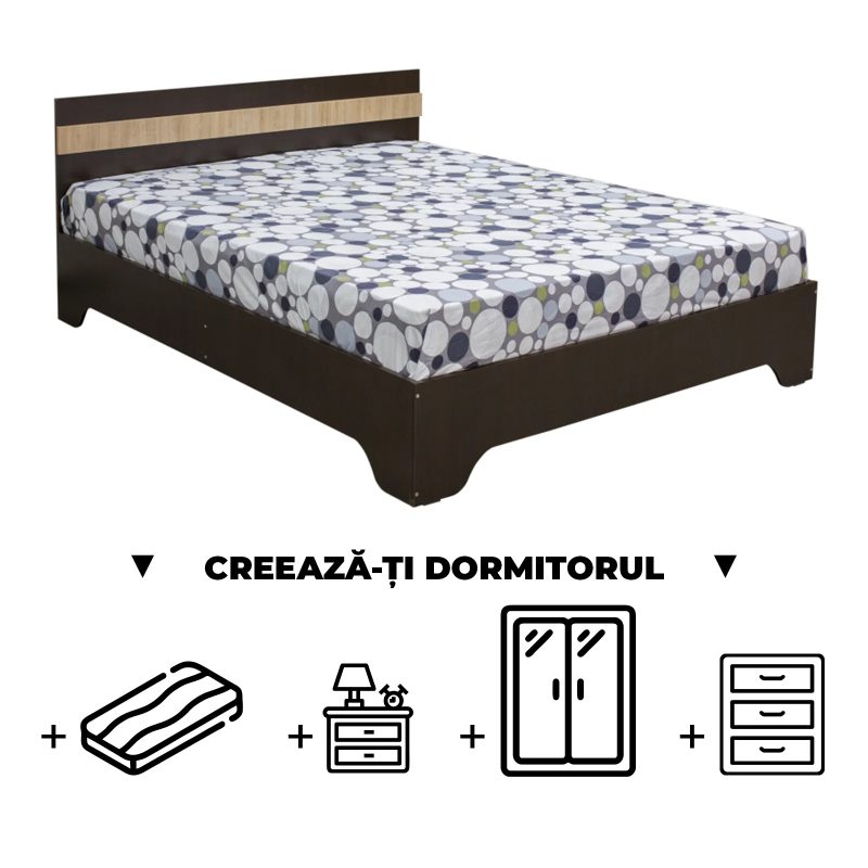 Creeaza-ti Dormitorul ALMA, sonoma inchis + sonoma deschis, de la Pat cu picioare Alma 140x200 cm, adauga Saltea, Noptiere, Comoda, Dulap