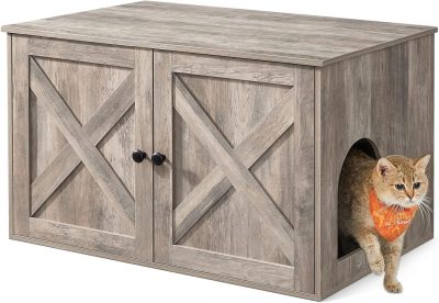 Dulap pentru litiera pisici / casa de toaleta pisici, Feandrea, 80x53x49.2 cm, PAL, gri