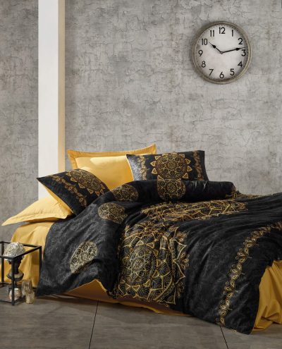 Lenjerie de pat dubla Super King (EU) (IT), 3 piese, L'essentiel Maison, Alvina, Aur/Negru