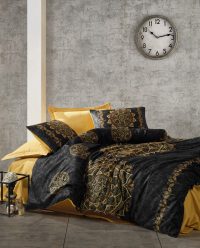 Lenjerie de pat dubla Super King (EU) (IT), 3 piese, L'essentiel Maison, Alvina, Aur/Negru