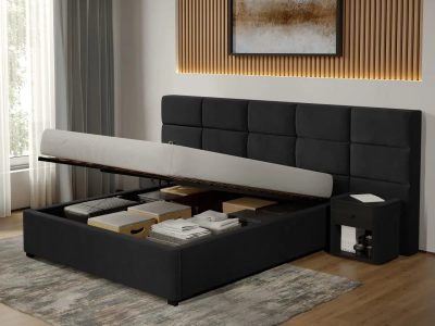 Pat Tapitat Cico de 190 rabatabil 287 x 114 C2 din piele/stofa Negru - Falcone 14 140x190