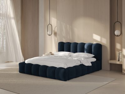 Pat tapitat cu somiera rabatabila si lada depozitare, 200x200 cm, Micadoni Home, Lupine-88, catifea, albastru inchis