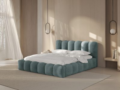 Pat tapitat cu somiera rabatabila si lada depozitare, 200x200 cm, Micadoni Home, Lupine-88, catifea, verde menta