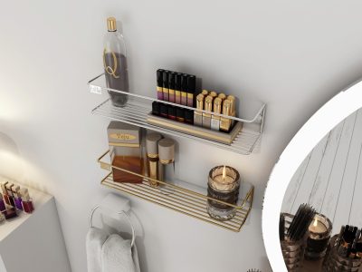 Raft de perete, Hanah Home, Banyo Makyaj Rafı, Suport pentru condimente, Auriu