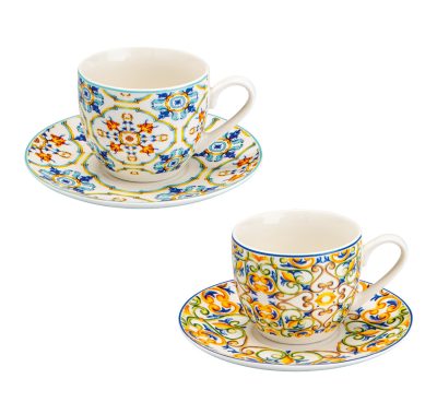 Set 2 cesti cu farfurie pentru cafea, Medicea, Brandani, 11.5x5 cm, 60 ml, portelan New Bone China
