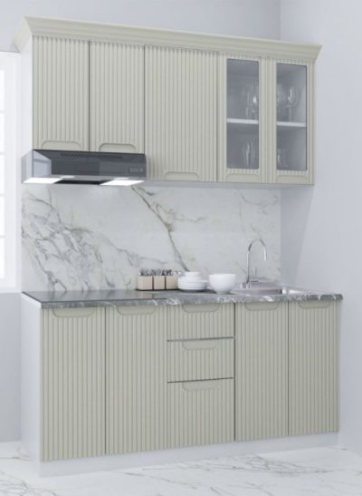 Set bucatarie SPACE 160 cm, 6 corpuri, cu serare, blat termorezistent, fronturi MDF, crem