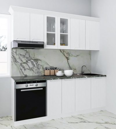 Set bucatarie SPACE 200 cm, 6 corpuri, corp cuptor, blat termorezistent, fronturi MDF, alb rustic