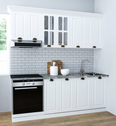 Set bucatarie SQUARE 200 cm, 6 corpuri, corp cuptor, blat termorezistent, fronturi MDF, alb rustic