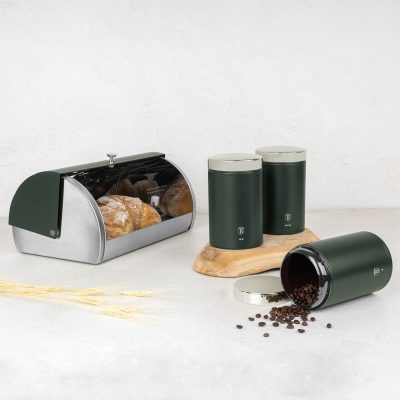 Set cutie pentru paine si 3 recipiente Berlinger Haus, Matte Green, 38.5x28x18.5 cm, inox, verde mat/argintiu