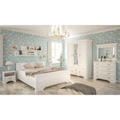 Set dormitor IRYS, 8 piese, pat 160x200 cm, dulap 5 usi, comoda, 2 noptiere, oglinda, 2 rafturi suspendate, pin anderson