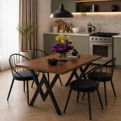 Set Masa cu 4 Scaune Bucatarie,  Nuc,120x80x75 cm, 30411SET