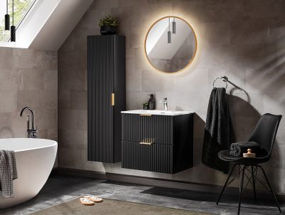 Set mobilier Adel Black 60 cm, dulap inalt, masca cu lavoar si oglinda, Comad, MDF/PAL, negru