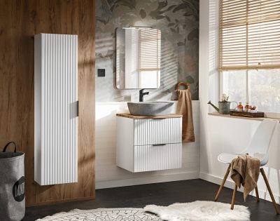 Set mobilier Adel White Anna 60 cm, dulap inalt, masca cu lavoar si oglinda cu LED, Comad, alb