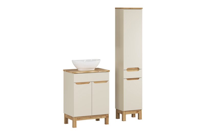 Set mobilier baie Bali Cashmere Wotan 60 cm HC, dulap inalt si masca cu lavoar, Comad, MDF/PAL, casmir