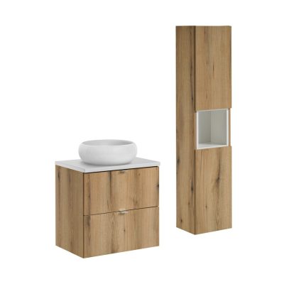 Set mobilier baie, Nova Oak 60 cm S, dulap inalt si masca cu lavoar, Comad, MDF/PAL, stejar/alb