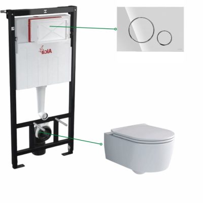 Set vas wc rimless cu capac soft close Villeroy  Boch Soul, rezervor incastrat  Alcadrain si clapeta crom lucios Cersanit