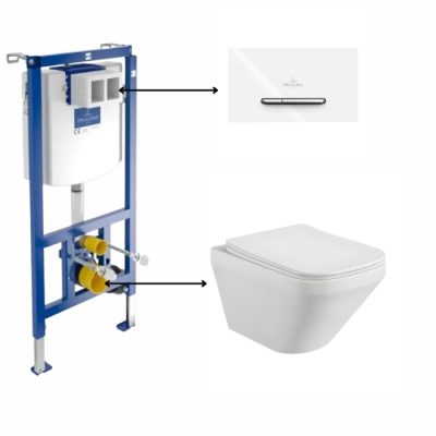 Set vas wc rimless suspendat, dreptunghiular, Foglia Bristol cu rezervor incastrat si clapeta de actionare dual-flush, alba cu 2 butoane cromate ViConnect, Villeroy  Boch