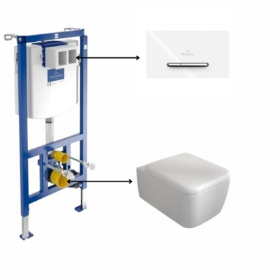 Set vas wc suspendat, capac softclose inclus,Skyla TwistFlush cu rezervor wc incastrat si clapeta de actionare dual-flush, alba cu 2 butoane cromate ViConnect, Villeroy  Boch