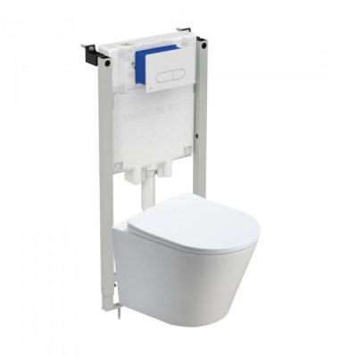 Set vas wc suspendat rimless cu capac quick release si soft close, Fluminia Clementina si ezervor incastrat Prosys cu set de fixare inclus si clapeta Oleas M1 alb lucios, Ideal Standard