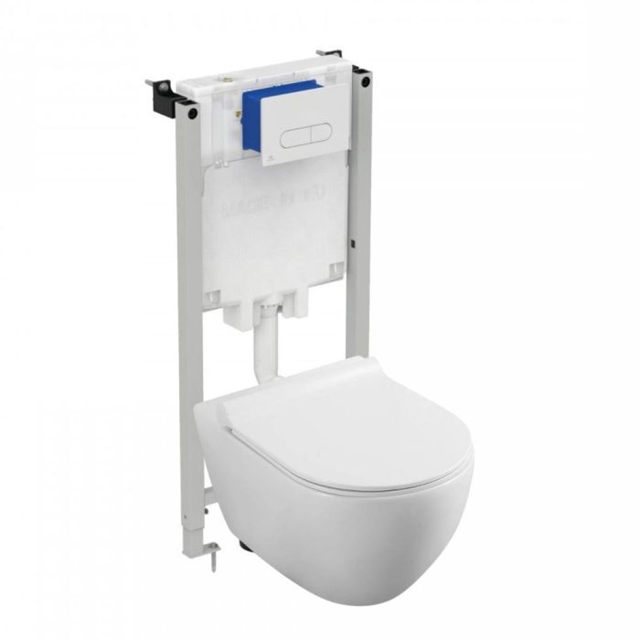 Set vas wc suspendat rimless cu capac quick release si softclose, Minerva Fluminia si rezervor incastrat Prosys cu set de fixare inclus si clapeta Oleas M1 alb lucios, Ideal Standard