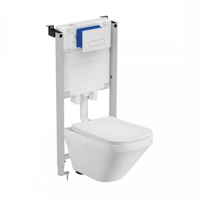 Set vas wc suspendat rimless, dreptunghiular, capac slim softclose, Foglia Bristol si  rezervor incastrat Prosys cu set de fixare inclus si clapeta Oleas M1 alb lucios, Ideal Standard