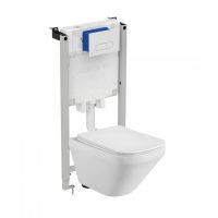 Set vas wc suspendat rimless, dreptunghiular, capac slim softclose, Foglia Bristol si  rezervor incastrat Prosys cu set de fixare inclus si clapeta Oleas M1 alb lucios, Ideal Standard