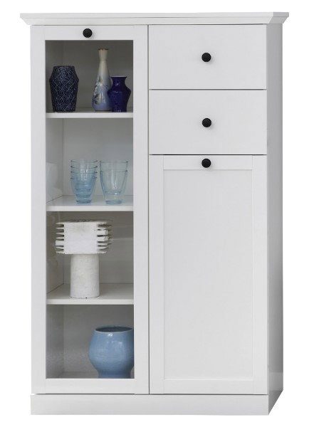 Vitrina joasa BRANDSON, 2 usi, 2 sertare, geam, alb, 81x41x129 cm